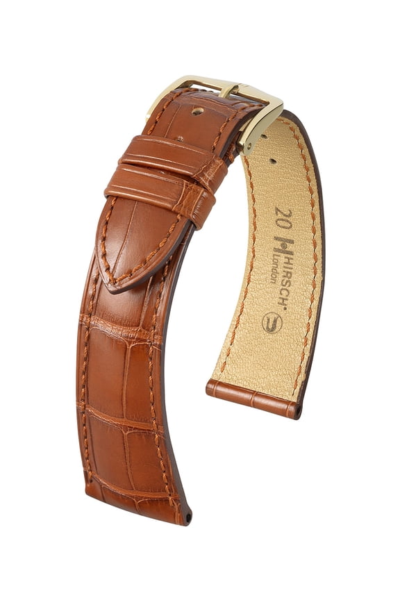 London Alligator Watch Strap - Golden Brown - L - 20mm / 16mm - Shiny Gold Buckle - Alligator Leather Band
