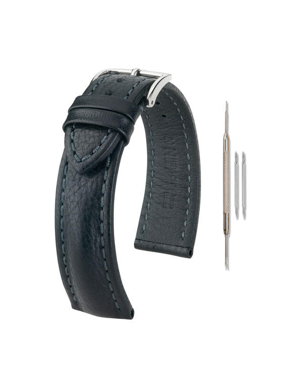 Lucca Leather Watch Strap - Black - L - 24mm - Shiny Silver Buckle - Artisan Calf Leather Band