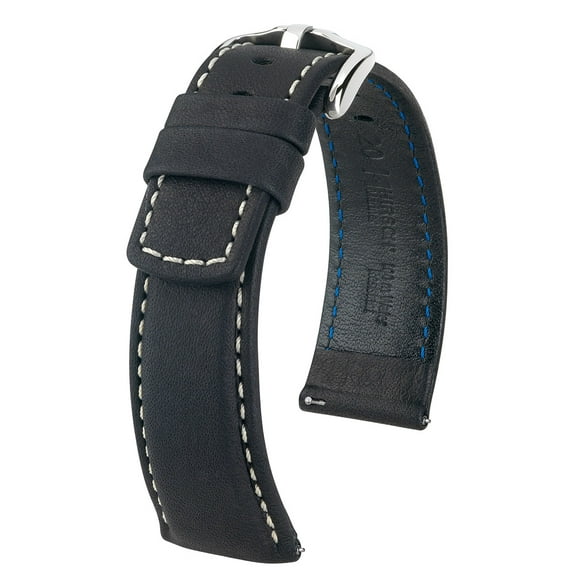 Hirsch Mariner Leather Watch Strap - Black - L - 24mm - Silver Buckle - Water Resistant