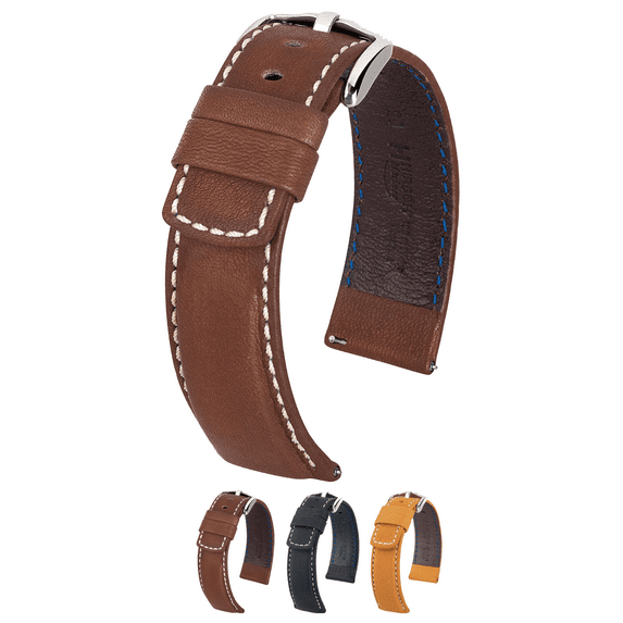 Hirsch Mariner Leather Watch Strap - Brown - L - 18mm - Silver Buckle - Water Resistant
