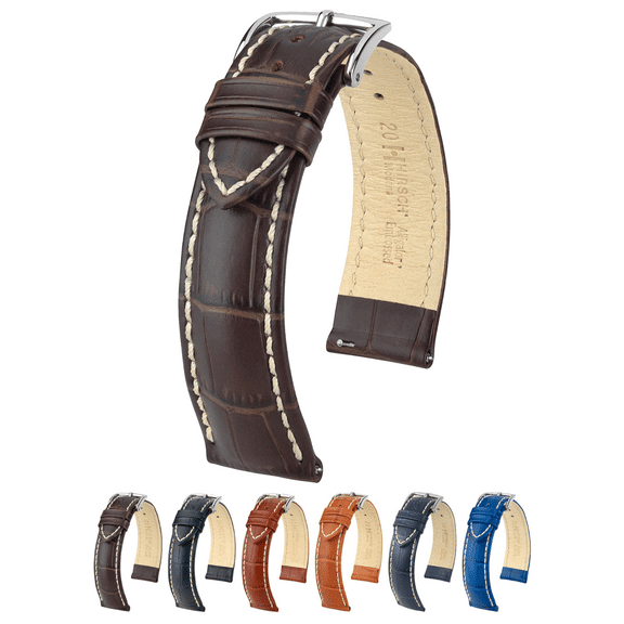 Hirsch Modena Embossed Leather Watch Strap - Brown - L - 18mm - Silver Buckle