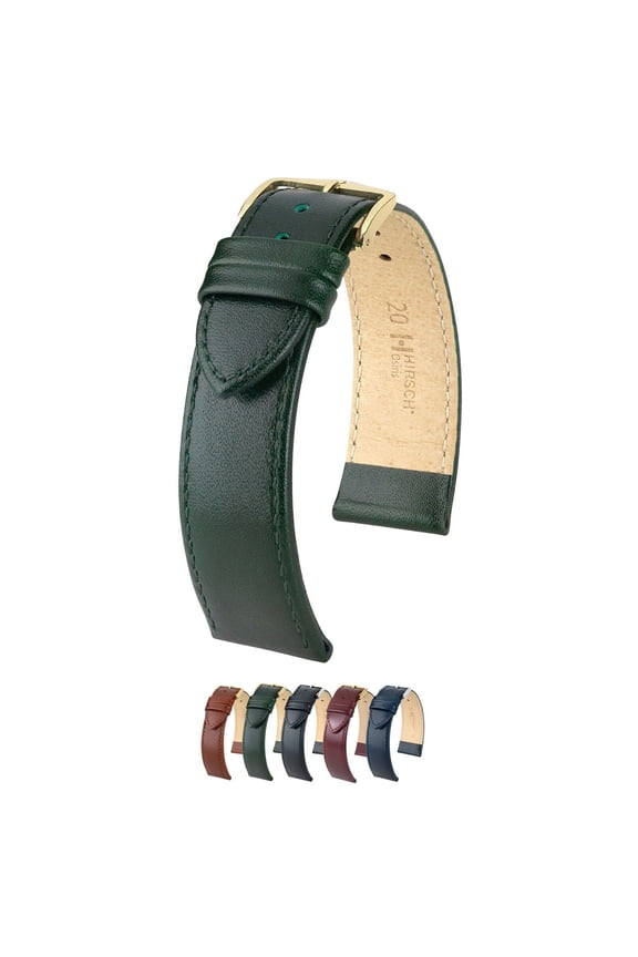 Osiris Leather Watch Strap - Polished Dark Green - L - 20mm - Shiny Gold Buckle - Calf Leather Band