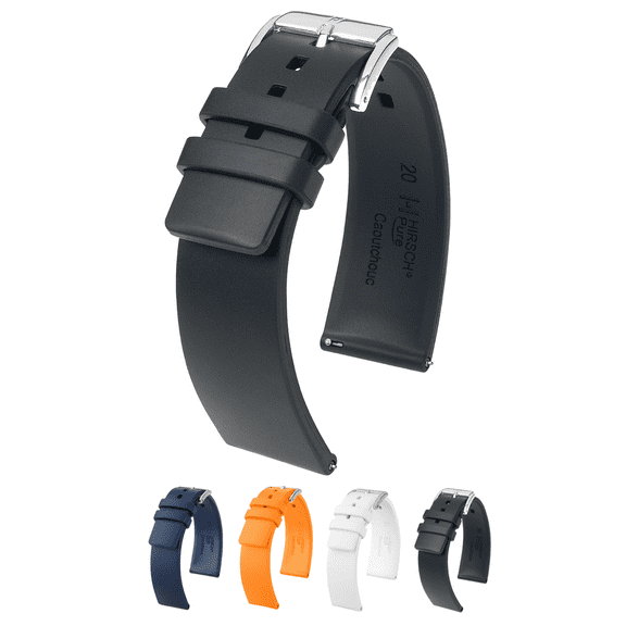 Hirsch Pure Premium Caoutchouc Watch Strap - Black - XL - 18mm - Shiny Silver Buckle - Premium Caoutchouc Band