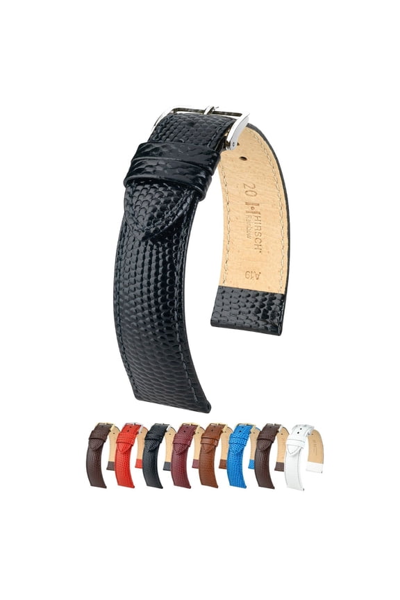 Rainbow Lizard Embossed Grain Leather Watch Strap - Black - L - 16mm - Shiny Silver Buckle - Bonded Leather Band
