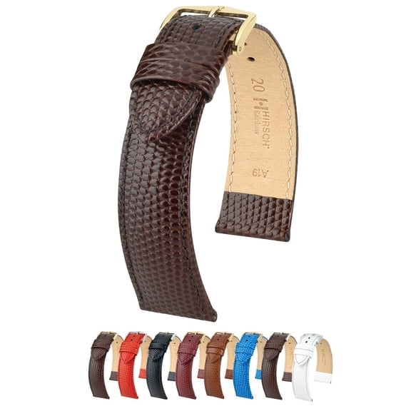 Hirsch Rainbow Lizard Embossed Grain Leather Watch Strap - Brown - M - 17mm - Shiny Gold Buckle - Bonded Leather Band - Open-Ended