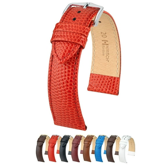 Hirsch Rainbow Lizard Embossed Grain Leather Watch Strap - Red - M - 20mm - Shiny Silver Buckle - Bonded Leather Band