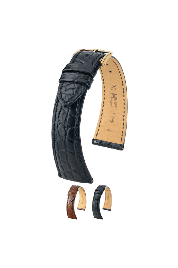 Regent Alligator Flank Leather Watch Strap - Black - M - 18mm - Gold Buckle