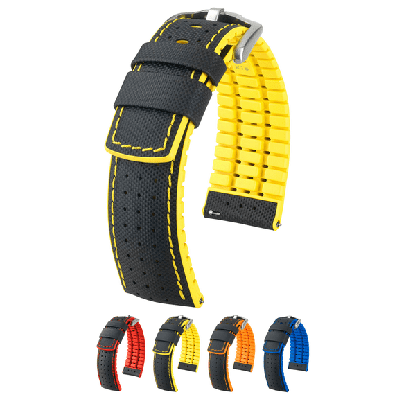 Hirsch Robby Leather & Rubber Watch Strap - Black & Yellow - L - 20mm - Silver Buckle