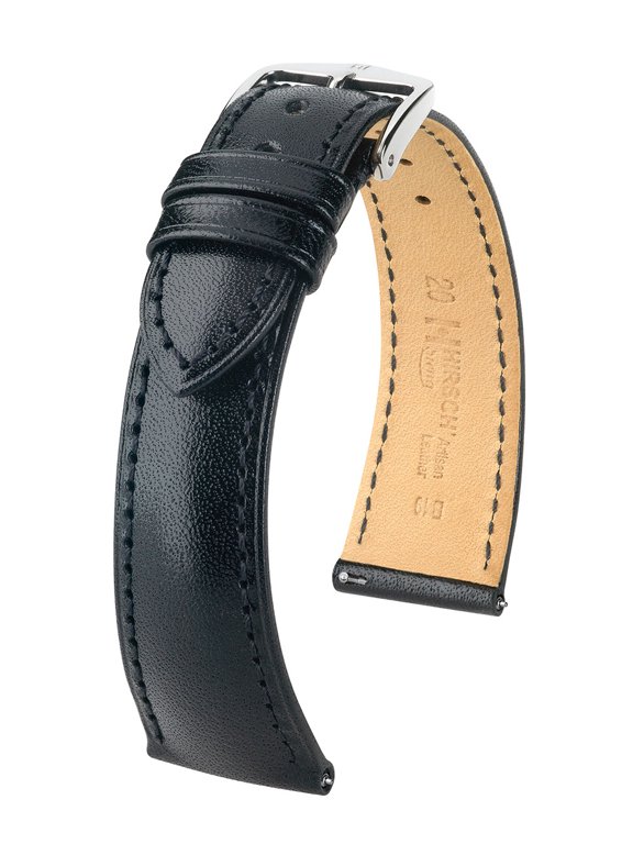 Siena Leather Watch Strap - Black - L - 19mm / 16mm - Shiny Silver Buckle - Artisan Calf Leather Band