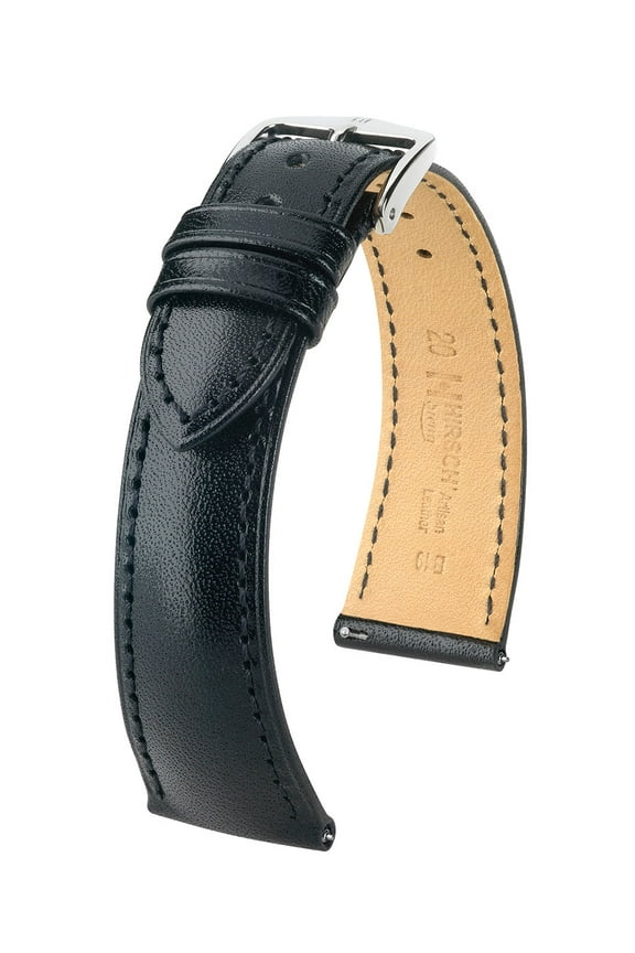 Siena Leather Watch Strap - Black - L - 19mm / 16mm - Shiny Silver Buckle - Artisan Calf Leather Band