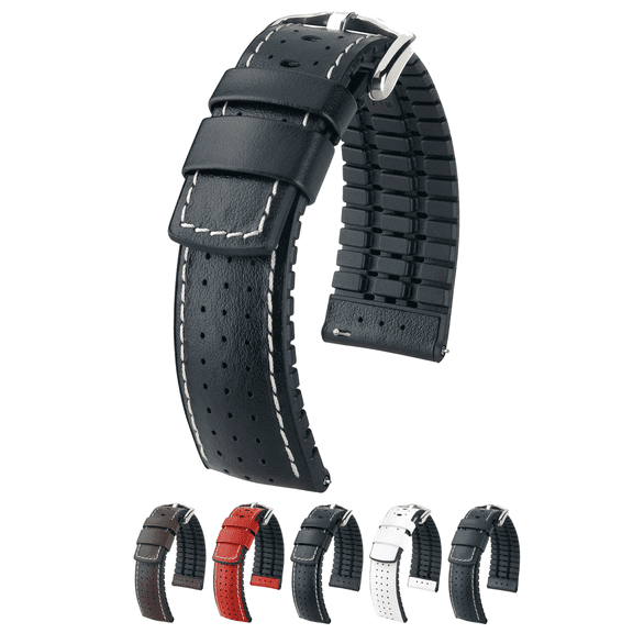 Hirsch Tiger Leather Watch Strap - Black - L - 20mm - Silver Buckle