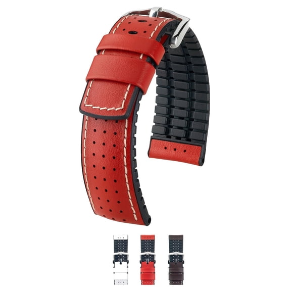 Hirsch Tiger Leather Watch Strap - Red - L - 24mm - Shiny Silver Buckle - Calf Leather - Performance Band