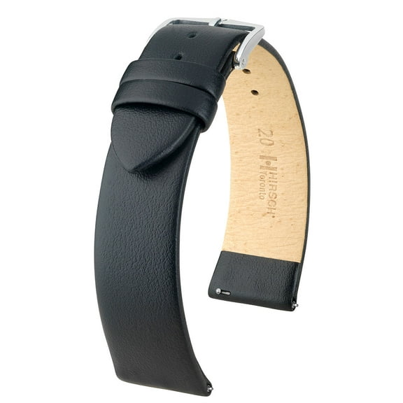 Hirsch Toronto Leather Watch Strap - Black - M - 22mm / 20mm - Shiny Silver Buckle - Calf Leather Band