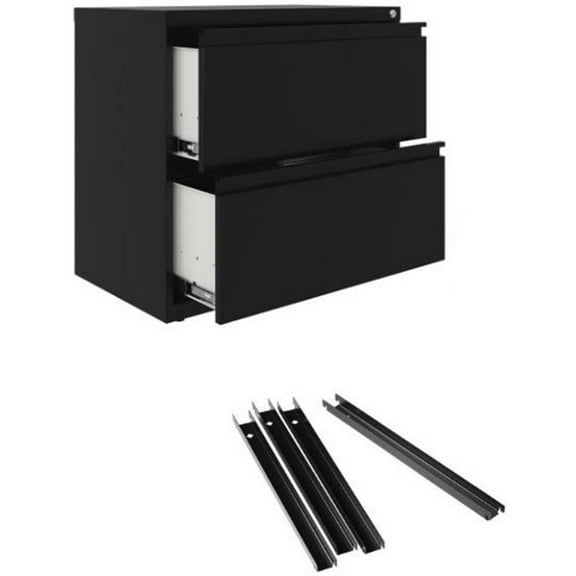 Hirsh 30"W 2 Drawer Metal Lateral File Cabinet Set Black and Front to Back Rails