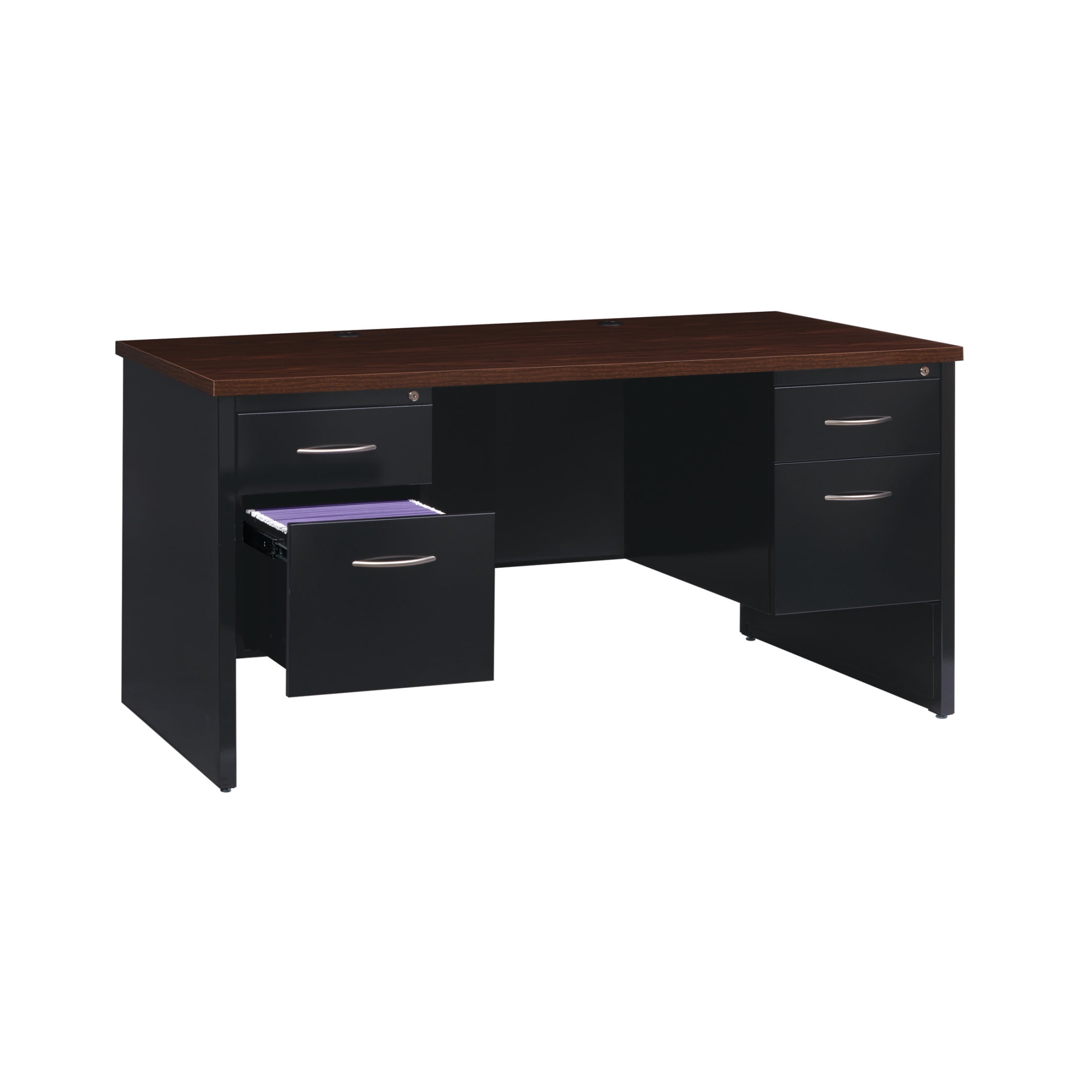 Hirsh 30D x 60W Double Pedestal Metal Desk Arch Pull Handles Black/Walnut