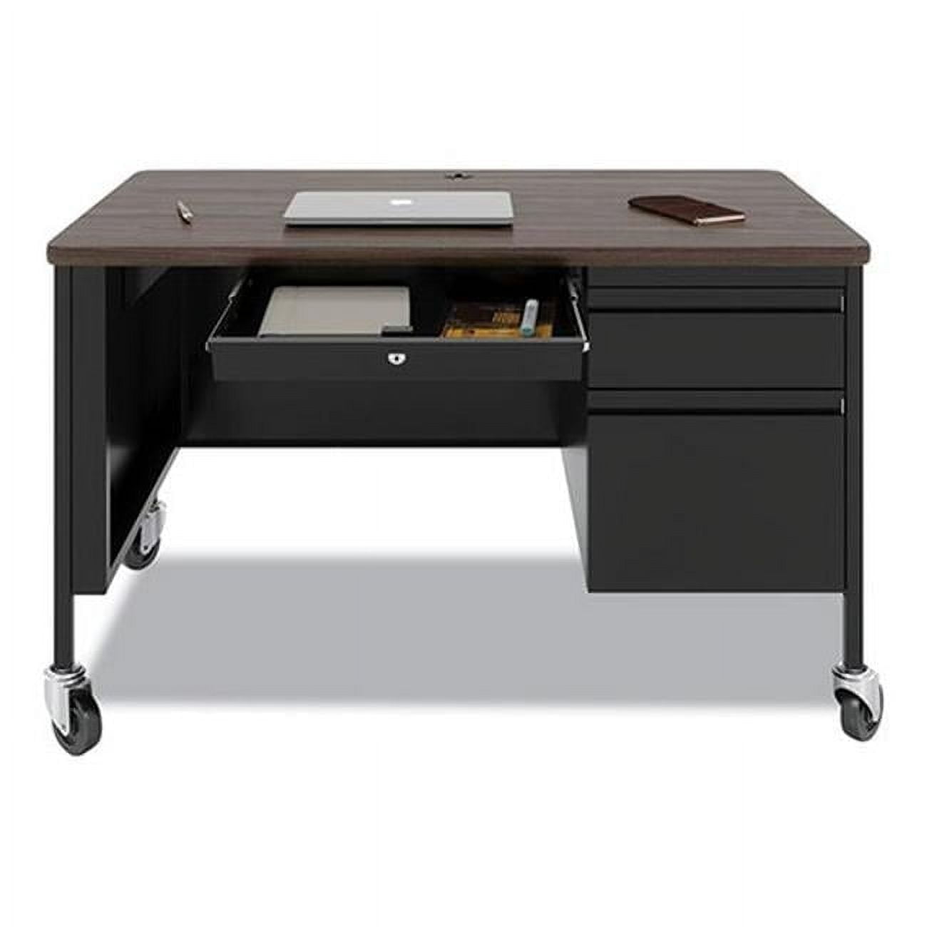 Walnut and Black Corner Desk with Drawer and Filing Cabinet