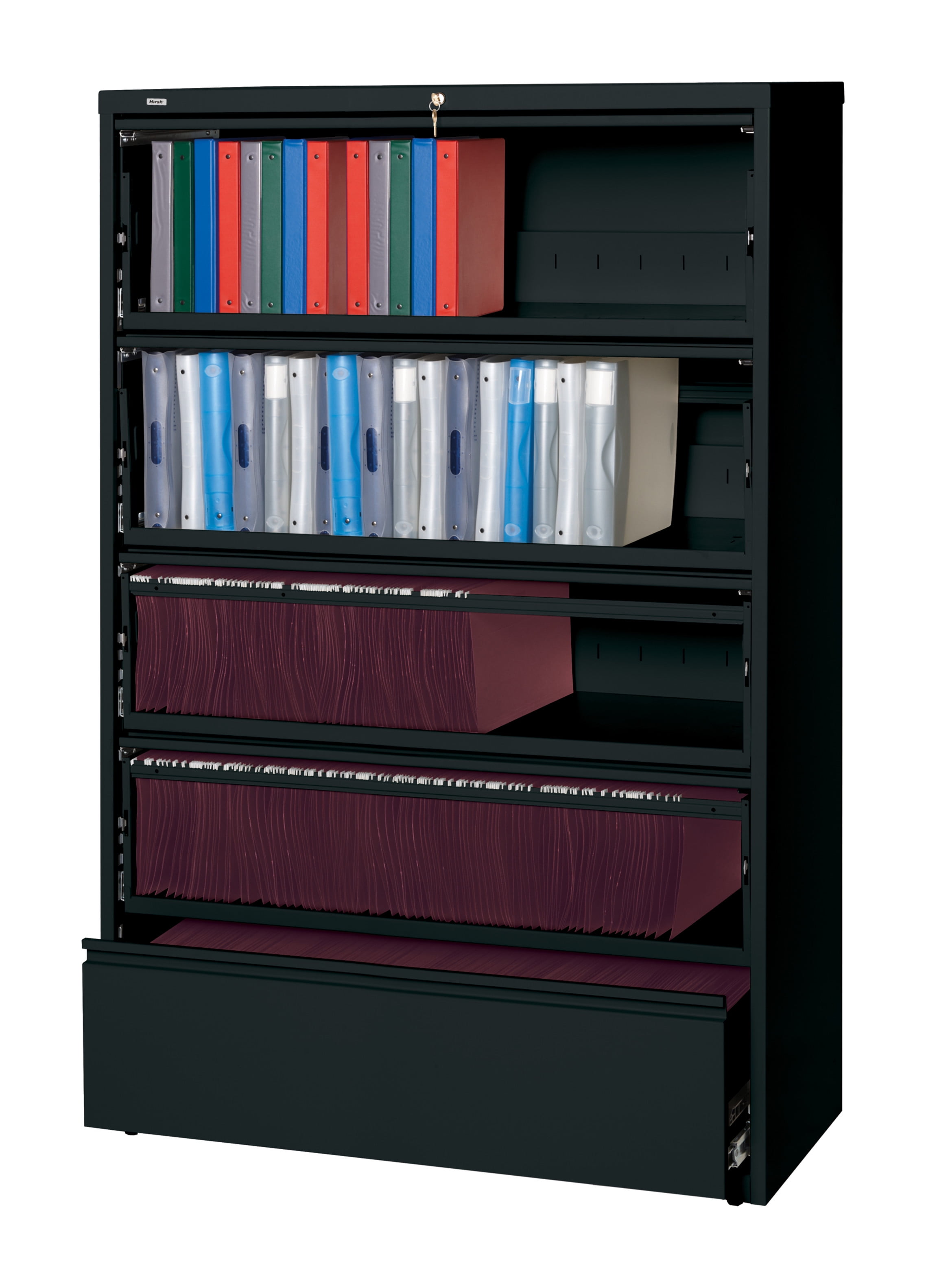 Black 42" Steel 5-Drawer Lockable Lateral File Cabinet