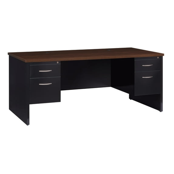 Hirsh Executive Office Modular Double Pedestal File Office Desk, 36 inch D x 72 inch W, Black/Walnut