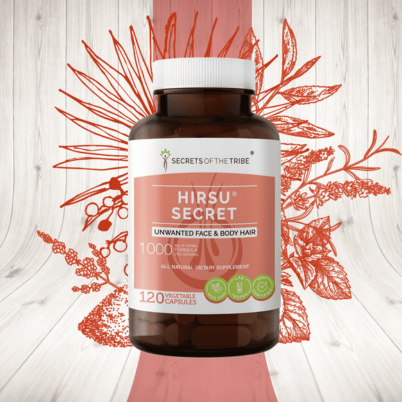 Hirsu Secret 120 Capsules, 500 mg, Saw Palmetto, Black Cohosh, Vitex, Spearmint, Lavender, Green Tea. Unwanted Face & Body Hair