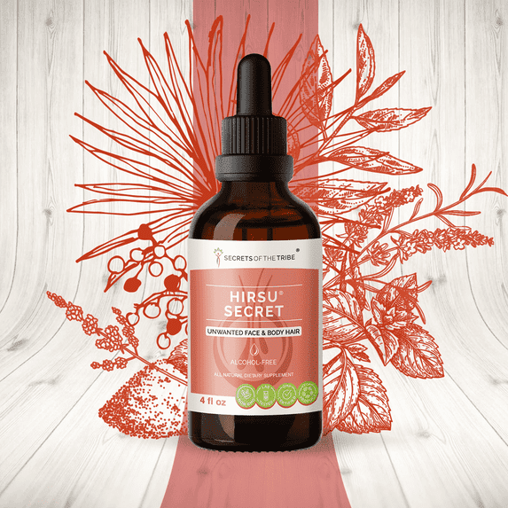 Secrets Of The Tribe Hirsu Secret Blend Tincture Dietary Supplement, Natural Extract, Made from Saw Palmetto, Black Cohosh, Vitex, Spearmint, Lavender, Green Tea 4 oz