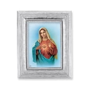 Hirten 3-3/4" x 4-1/2" Silver Frame with a 2.5" x 3.5" Immaculate Heart of Mary Print Wall Art Print Religious Plaque Picture Image | Silver-Leaf Frame