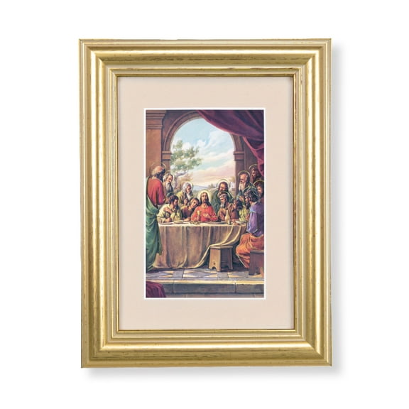 Hirten 5-1/4" x 6-3/4" Cream Matted Gold Frame with a Last Supper Print Wall Art Print Religious Plaque Picture Image | Classic Antique Gold Fluted Frame