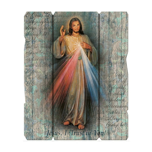 Hirten 7 1/2" x 9" Divine Mercy Small Vintage Plaque with Hanger Wall Art Print Religious Plaque Picture Image | Laser Cut Wood Vintage Barn Board Look Wall Plaque