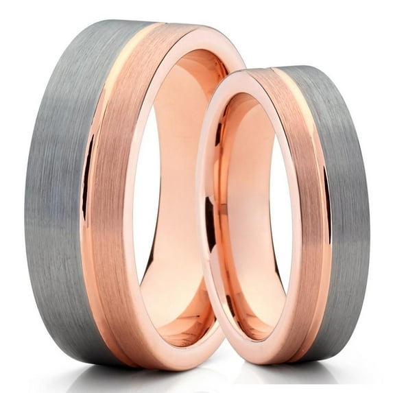 His 8mm & Hers 6mm Tungsten Wedding Band - Rose Gold Tungsten - Gray Tungsten Ring