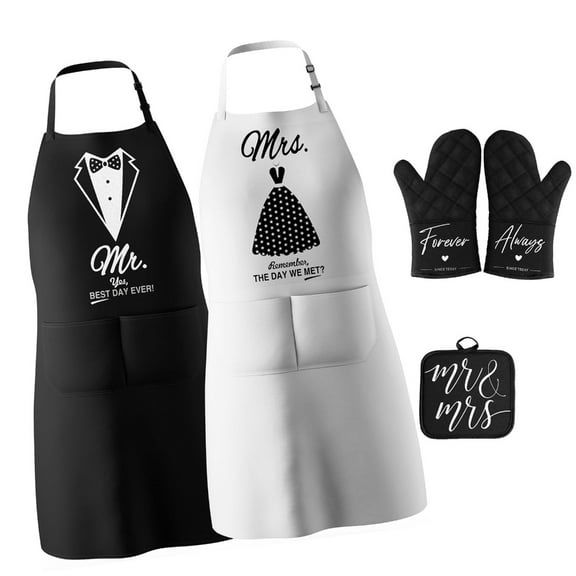 His And Hers Matching Couple Aprons Black White Pattern Design Adjustable Wedding Gift Set Apron Set For Newlyweds