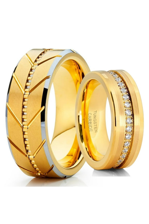 His And Hers Yellow Gold Tungsten Wedding Bands - 8mm - Yellow Gold Ring - Tungsten Rings
