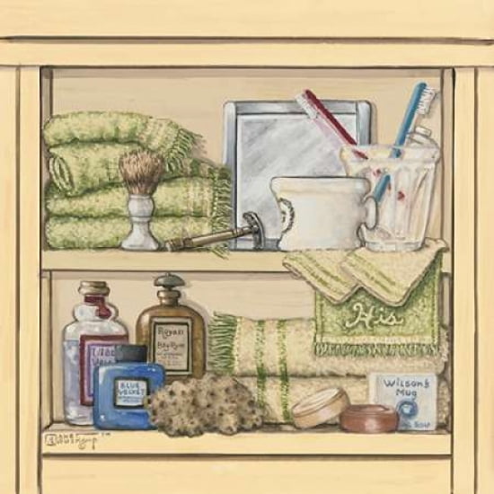 His Bathroom Shelf Canvas Art - Janet Kruskamp (24 x 24)