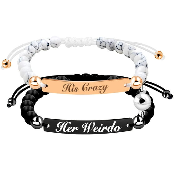 His Crazy and Her Weirdo Attraction Bracelets Set Couples Distance Gifts for Women and Men - Natural White Turquoise&Matte Black Onyx Beads Bracelet