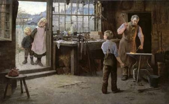 His First Day at Work - Child Apprentice with Blacksmith Canvas Art - Hamlet Bannerman (12 x 18)