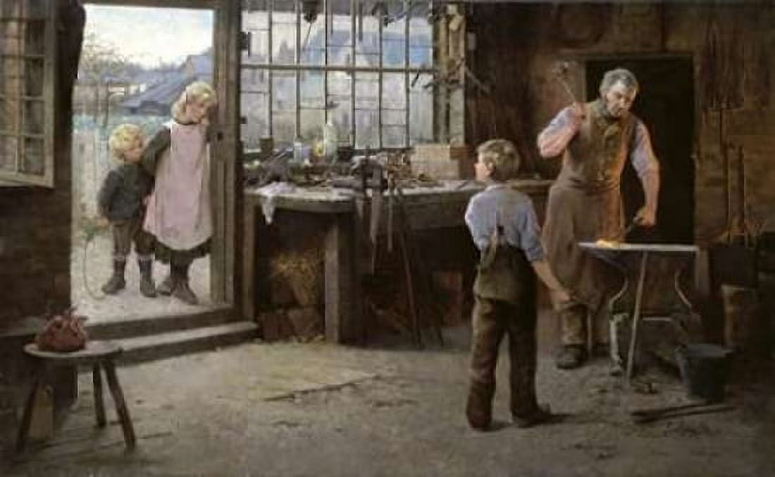 His First Day at Work - Child Apprentice with Blacksmith Canvas Art - Hamlet Bannerman (24 x 36)