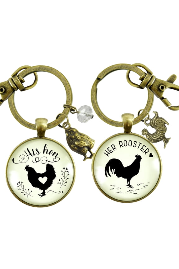 His Hen Her Rooster Keychain Set For Chicken Family Vintage Inspired Jewlery