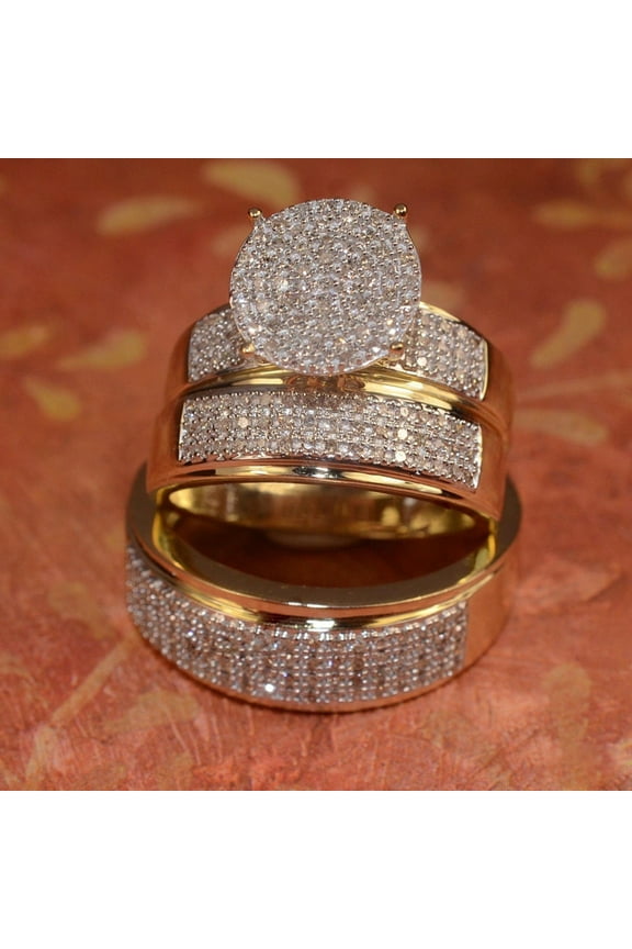His & Her 14k Yellow Gold Plated White Round Diamond Trio Band Rings - Couple's Anniversary Elegant Present - Engagement Wedding Trio Ring Set For Men & Women