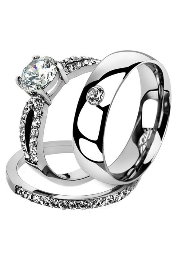 His & Her 3 Pc Stainless Steel 1.25 Ct Cz Bridal Set & Men Zirconia Wedding Band Women's Women's Size 07 Men's Size 11