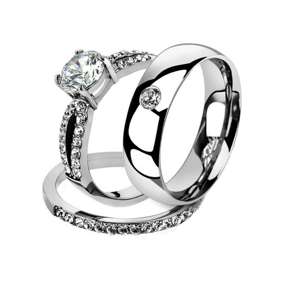 His & Her 3 Pc Stainless Steel 1.25 Ct Cz Bridal Set & Men Zirconia Wedding Band Women's Women's Size 09 Men's Size 08
