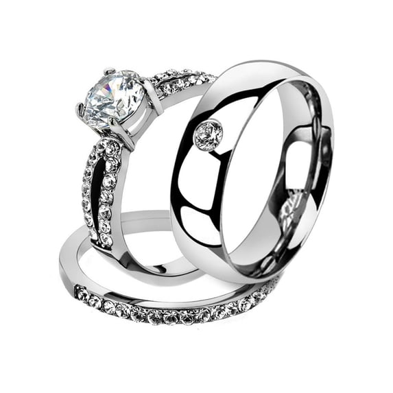 His & Her 3 Pc Stainless Steel 1.25 Ct Cz Bridal Set & Men Zirconia Wedding Band Women's Women's Size 10 Men's Size 09