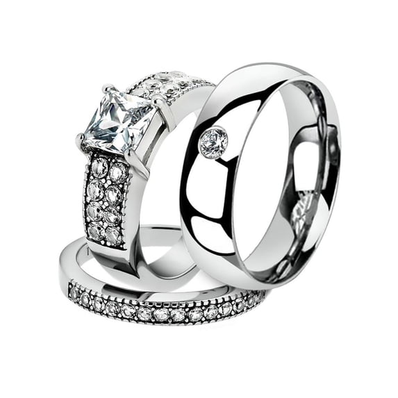 His & Her 3 Pc Stainless Steel 2.07 Ct Cz Bridal Set & Men Zirconia Wedding Band Women's Women's Size 07 Men's Size 07