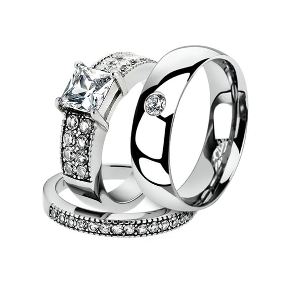 His & Her 3 Pc Stainless Steel 2.07 Ct Cz Bridal Set & Men Zirconia Wedding Band Women's Women's Size 08 Men's Size 12