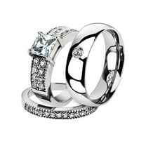 His & Her 3 Pc Stainless Steel 2.07 Ct Cz Bridal Set & Men Zirconia Wedding Band Women's Women's Size 10 Men's Size 13