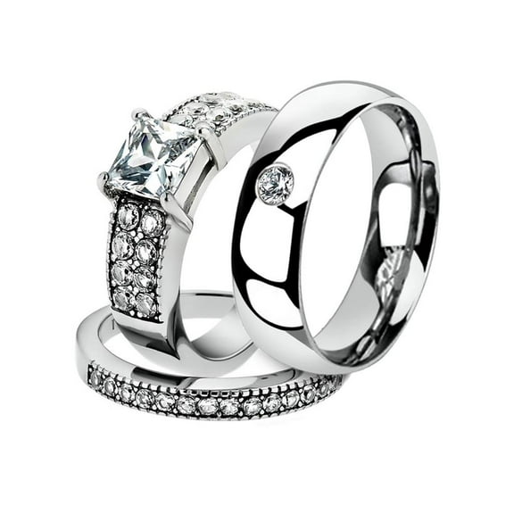 His & Her 3 Pc Stainless Steel 2.07 Ct Cz Bridal Set & Men Zirconia Wedding Band Women's Women's Size 10 Men's Size 13