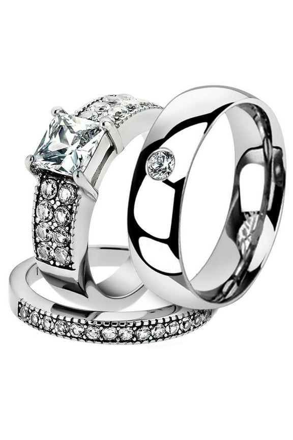 His & Her 3 Pc Stainless Steel 2.07 Ct Cz Bridal Set & Men Zirconia Wedding Band Women's Women's Size 10 Men's Size 13