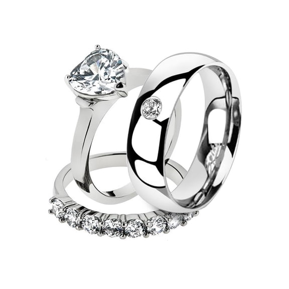 His & Her 3 Pc Stainless Steel 2.70 Ct Cz Bridal Set & Men Zirconia Wedding Band Women's Women's Size 05 Men's Size 12