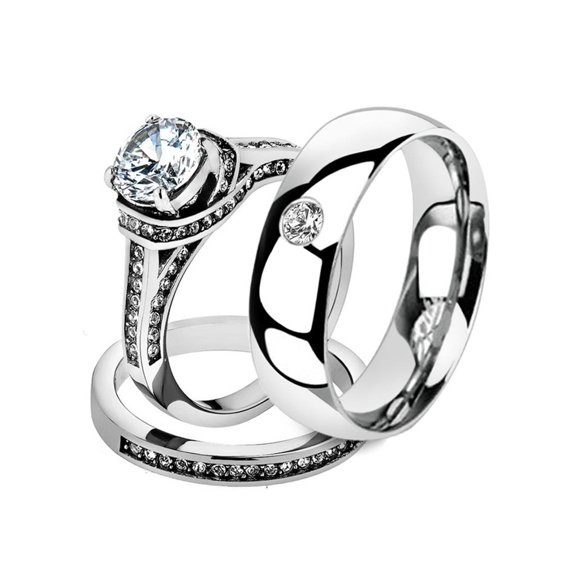 His & Her 3 Pc Stainless Steel 2.75 Ct Cz Bridal Set & Men Zirconia Wedding Band Women's Women's Size 07 Men's Size 08