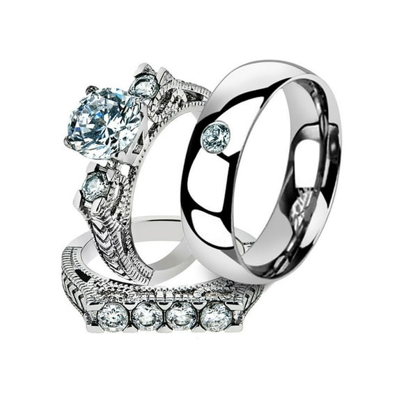 His & Her 3 Pc Stainless Steel 2.95 Ct Cz Bridal Set & Men Zirconia Wedding Band Women's Women's Size 08 Men's Size 05
