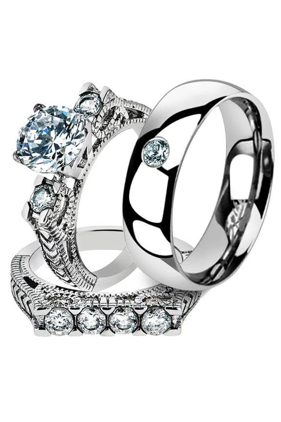 His & Her 3 Pc Stainless Steel 2.95 Ct Cz Bridal Set & Men Zirconia Wedding Band Women's Women's Size 09 Men's Size 10