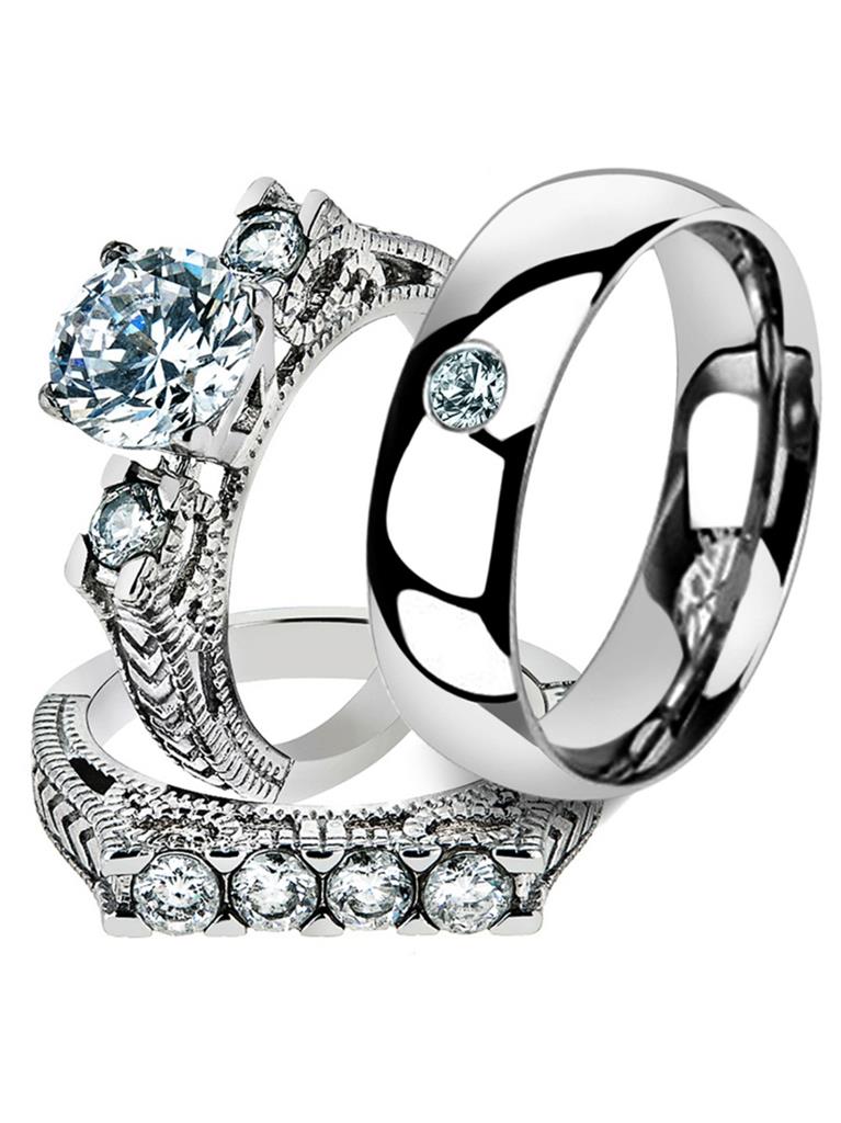 Marimor His & Hers Stainless Steel Bridal Engagement Ring Set With Cubic Zirconia - 3 Piece Wedding Band