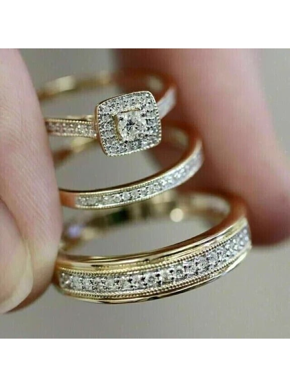 His Her Bridal Wedding Ring Trio Set - Round Cut Diamond Engagement Anniversary Gift For Couple -14k Yellow Gold Plated Silver